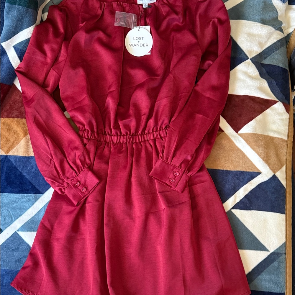 NWT Lost + Wander Deep Red Long-Sleeve Elastic-Waist Dress Open back ..